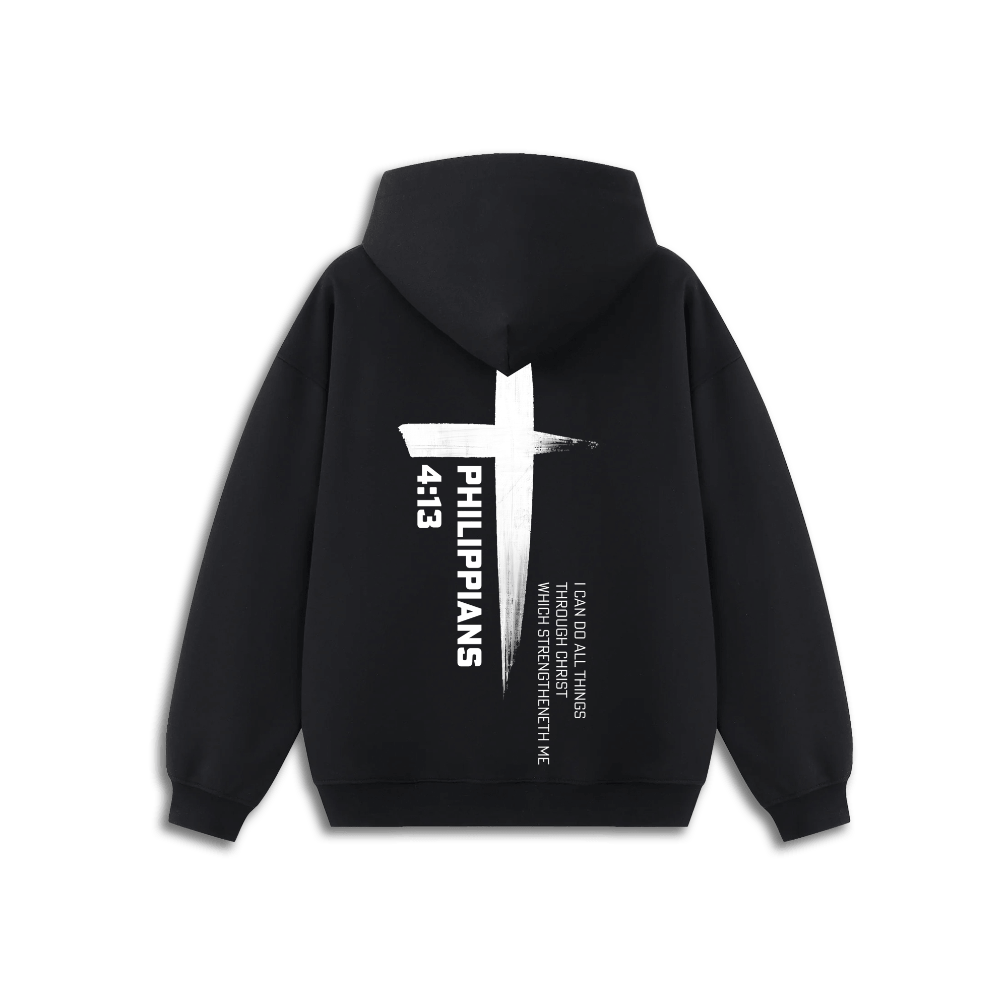 HolStrength black Phil 4:13 Christian hoodie with cross and Scripture back design