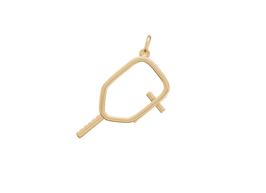 Gold pickleball cross necklace shaped like a paddle – Christian pickleball jewelry pendant | Close-up of gold pickleball cross pendant – religious pickleball jewelry gift idea