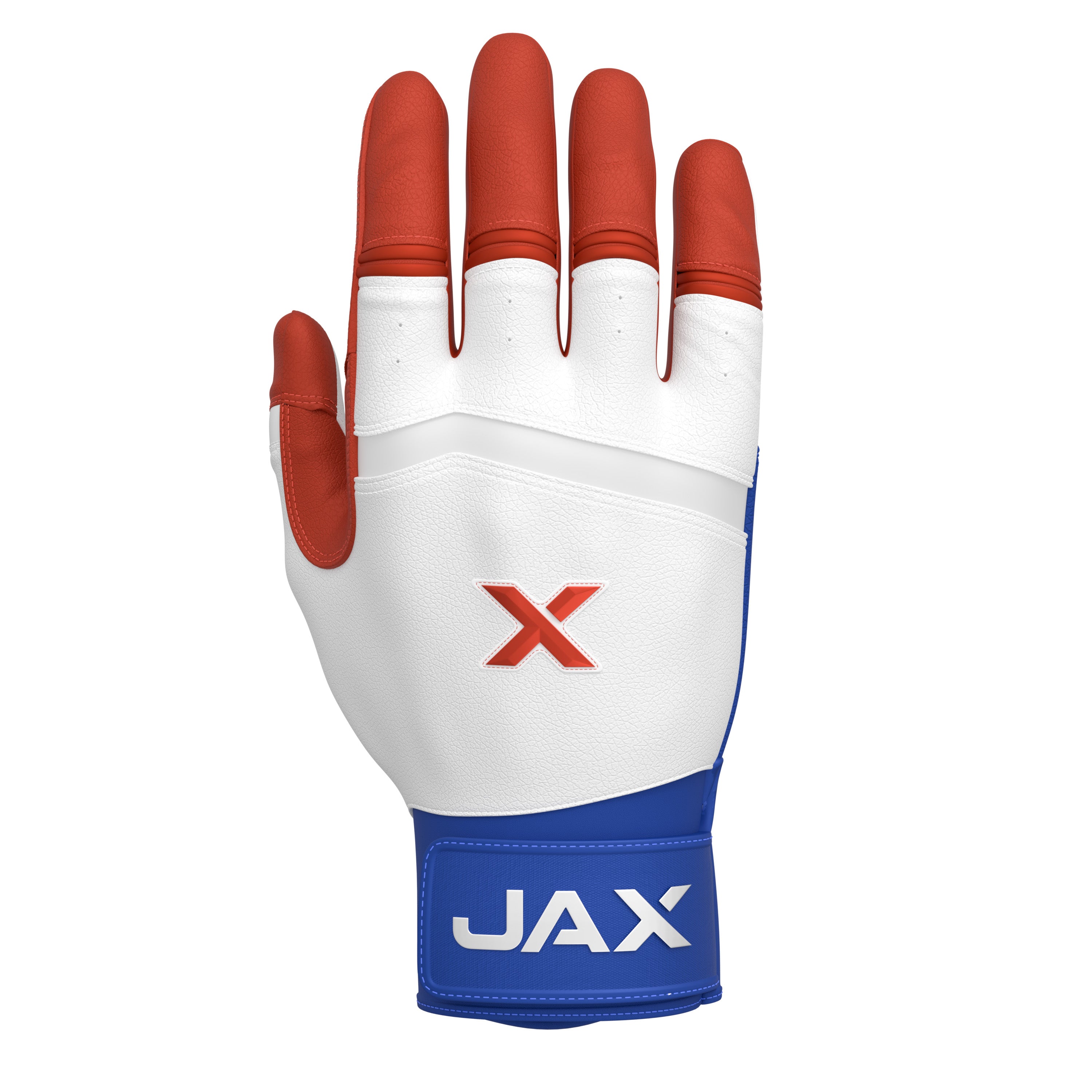 Jax Athletics Batting Gloves USA Pop | Pro Cuff - A single JAX brand weightlifting glove shown from the back, featuring a white leather backhand with a red 'X' logo, red fingertips, and a blue wrist cuff with the JAX logo in white.