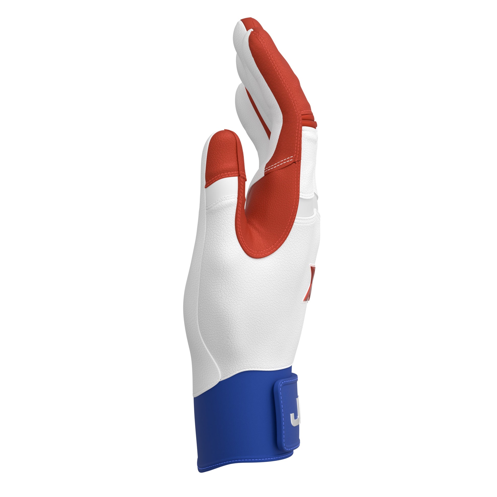 Jax Athletics Batting Gloves USA Pop | Pro Cuff - A white baseball glove with red finger panels and a blue wrist strap, shown on a plain white background.