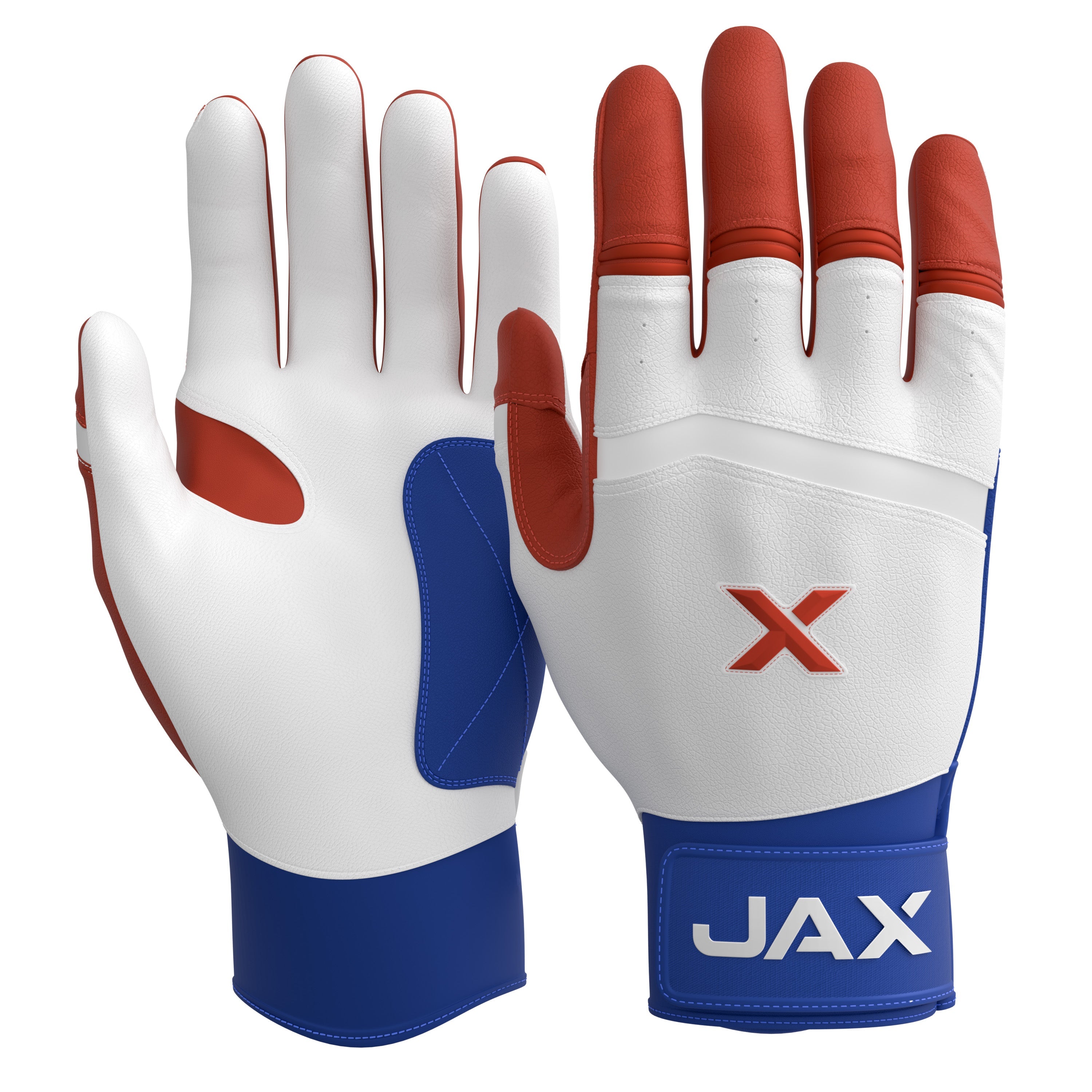 Jax Athletics Batting Gloves USA Pop | Pro Cuff - A pair of JAX brand leather baseball gloves shown against a solid white background, displaying both the back of the left glove and the palm of the right glove.