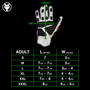 Size chart for VukGripz Prowler Pink Batting Gloves showing length and width for various adult sizes.