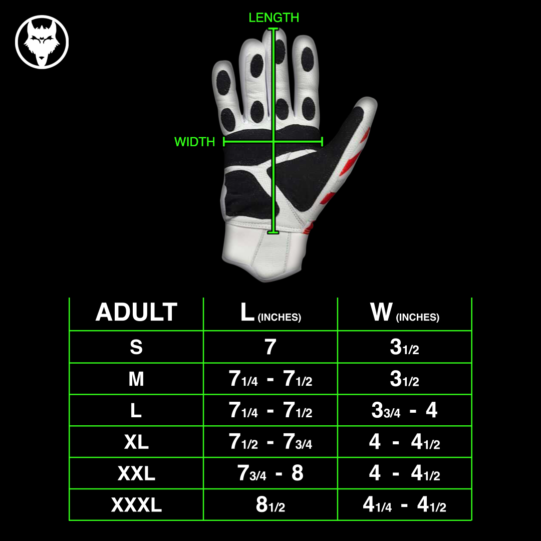 VukGripz Howler White Batting Gloves size chart showing length and width measurements in inches.