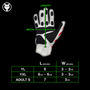 Size chart for VukGripz Howler White Batting Gloves, including lengths and widths for various sizes.