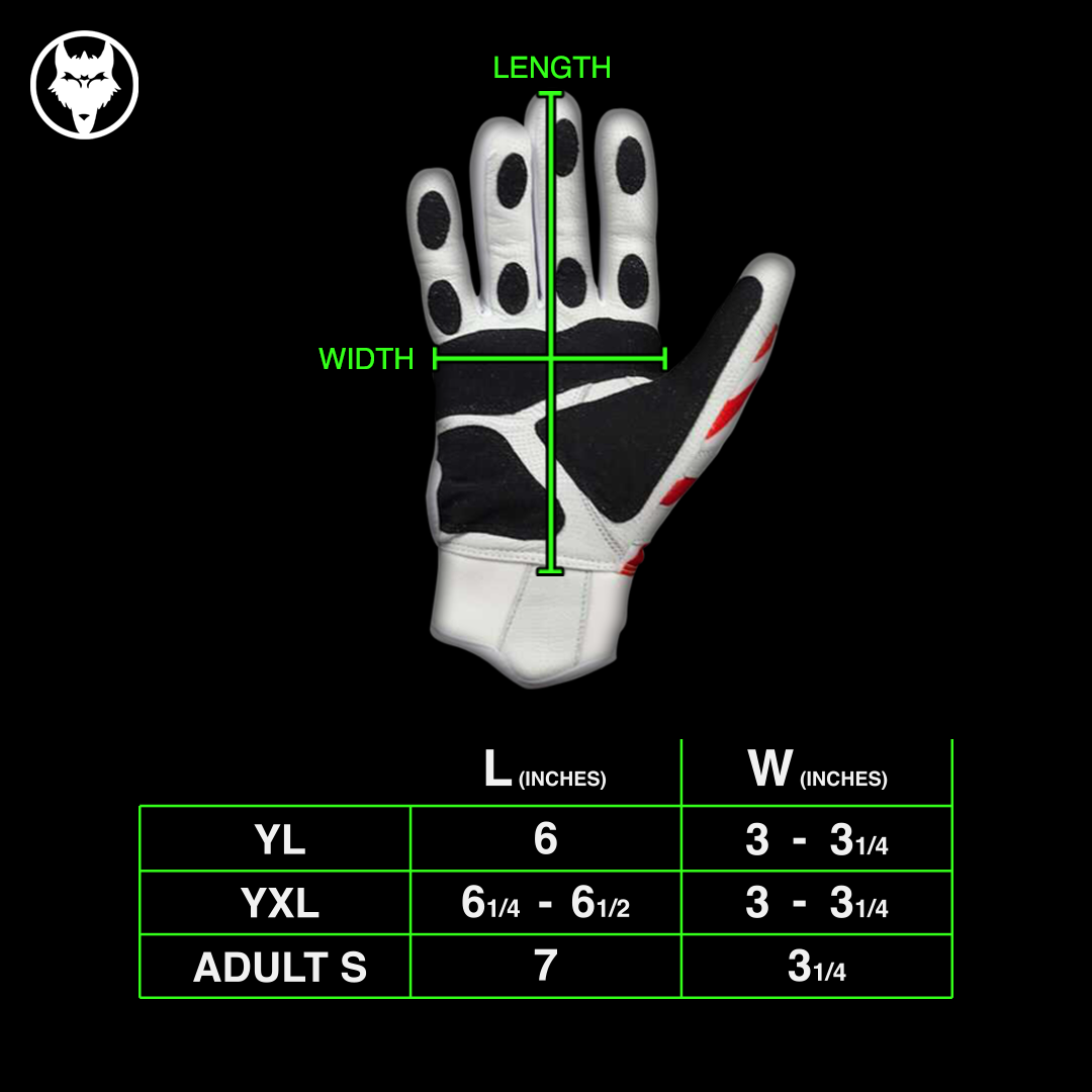 Size chart for VukGripz Prowler Pink Batting Gloves showing dimensions for YL, YXL, and Adult S.