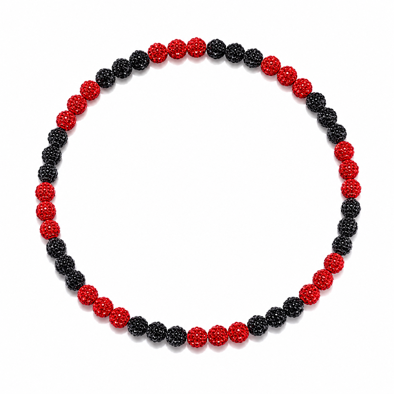 A beaded stretch bracelet featuring alternating rows of glossy red and textured black beads, arranged in a circular shape on a solid white background.