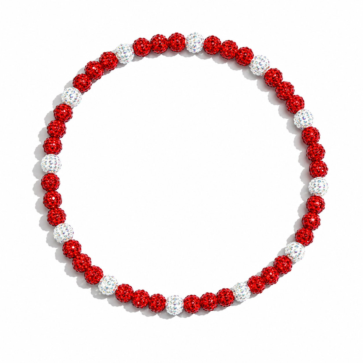 A beaded stretch bracelet featuring alternating red and silver crystal beads, arranged in a circular shape on a plain white background.