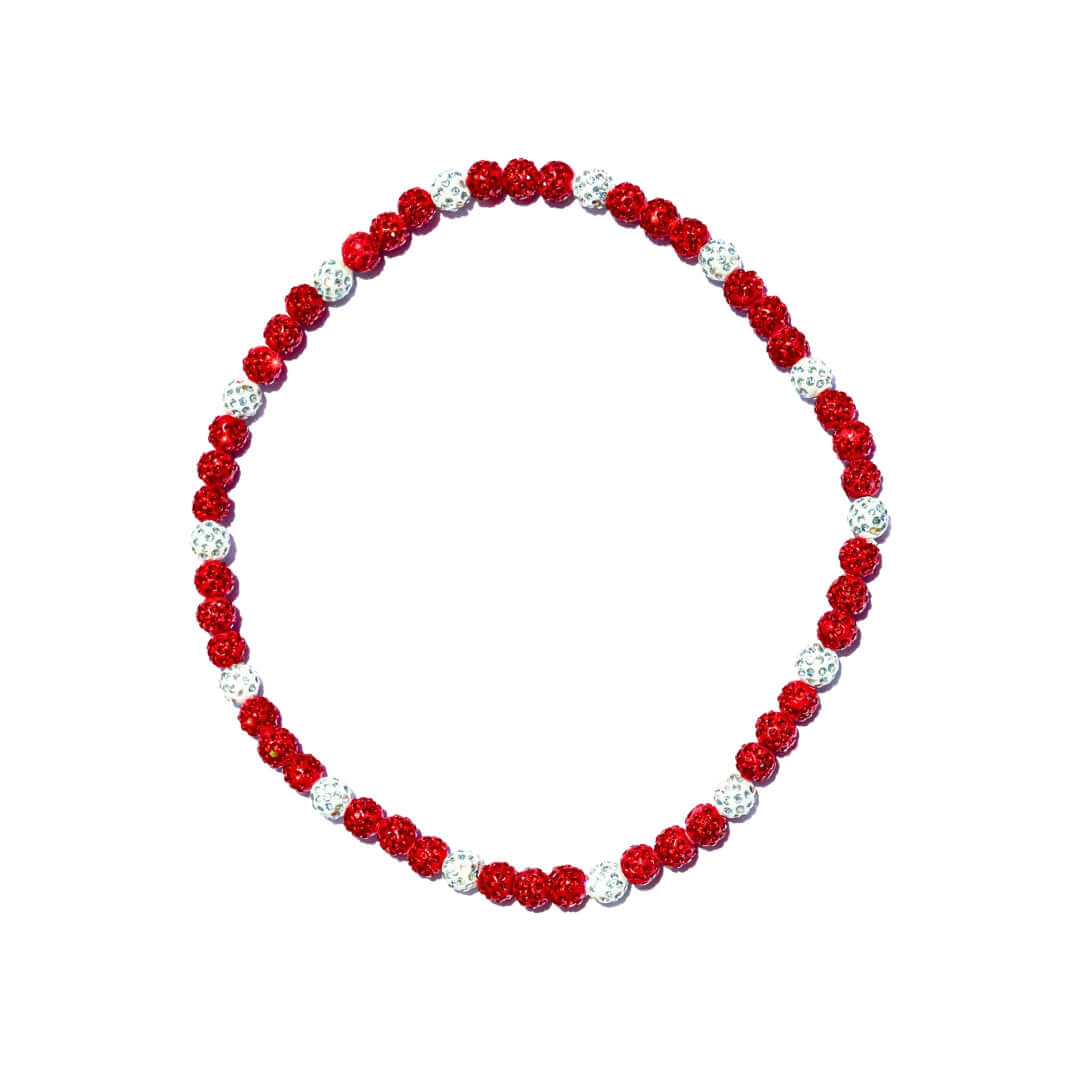 Necklace with red and white beads on a white background