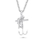 Silver necklace with a fish hook pendant on a white background
