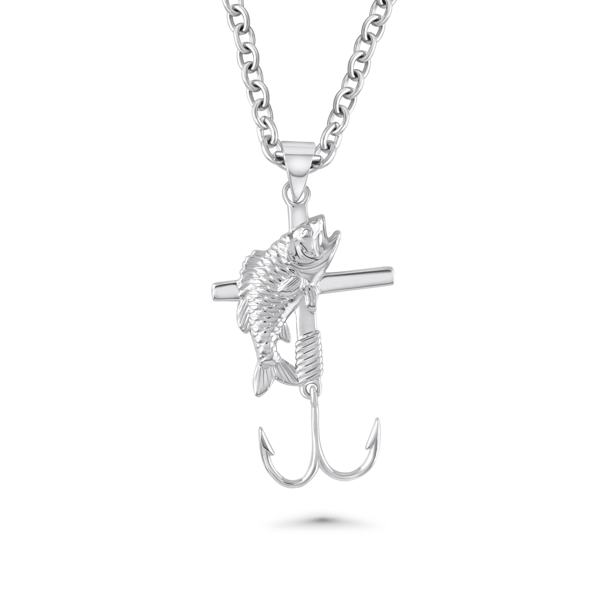 Silver necklace with a fish hook pendant on a white background