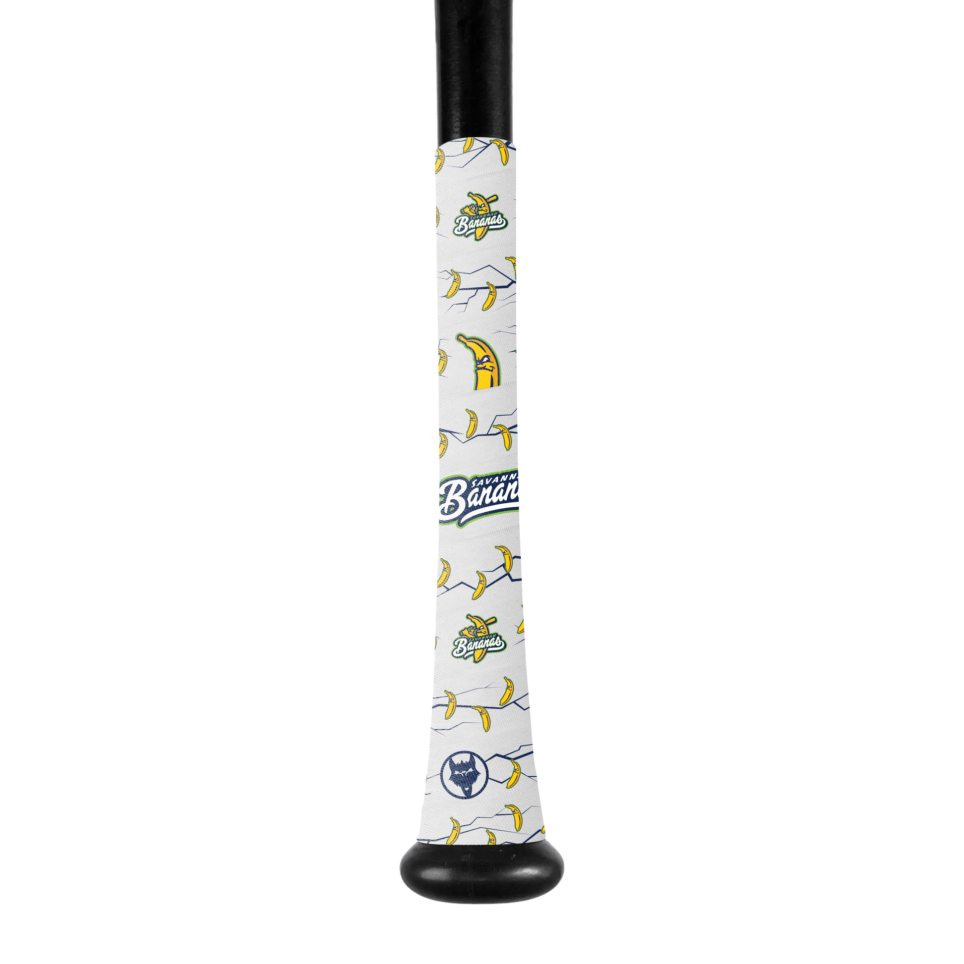 Savannah Bananas White Bat Grip Tape on a black bat with unique banana designs and logo.