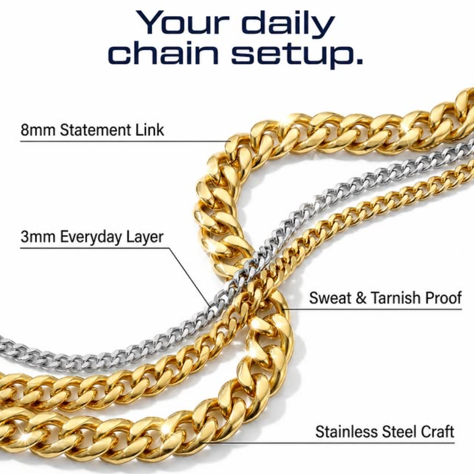 A product infographic showing a layered Cuban link chain setup with labeled callouts: 8mm Statement Link, 3mm Everyday Layer, Sweat & Tarnish Proof, and Stainless Steel Craft. The chain is shown in gold and silver tones on a white background with marketing text at the top and bottom.