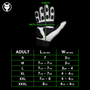 Size chart for VukGripz Canine Batting Gloves showing hand measurements and sizes in inches.