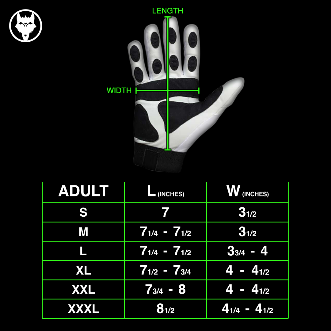 Size chart for VukGripz Canine Batting Gloves showing hand measurements and sizes in inches.