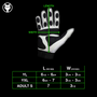 VukGripz Canine Batting Gloves size chart showing length and width measurements for different sizes.