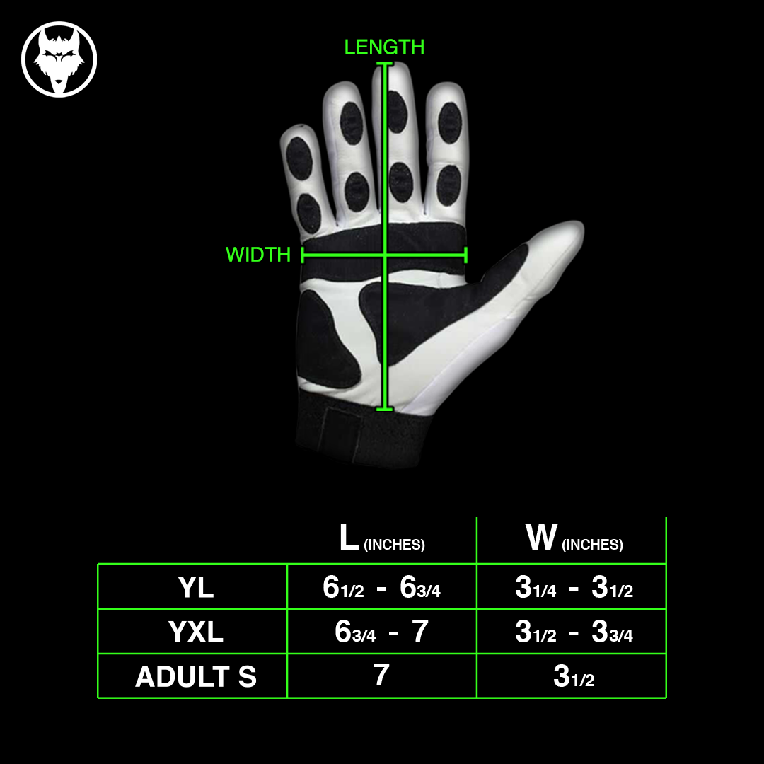 VukGripz Canine Batting Gloves size chart showing length and width measurements for different sizes.