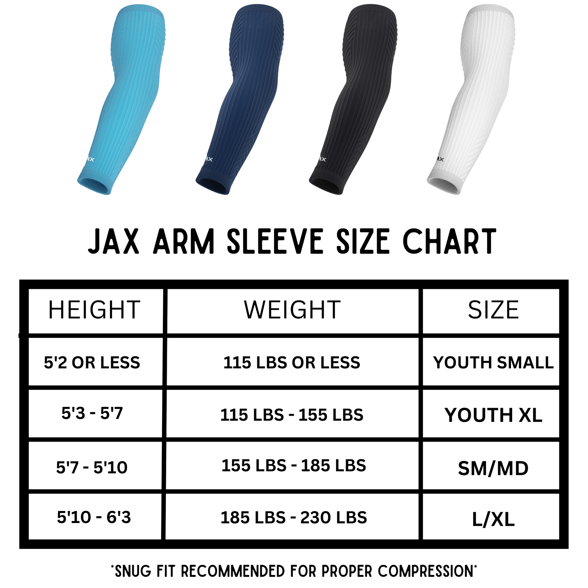 Jax Athletics Recovery Premium Arm Sleeve Sizing Chart
