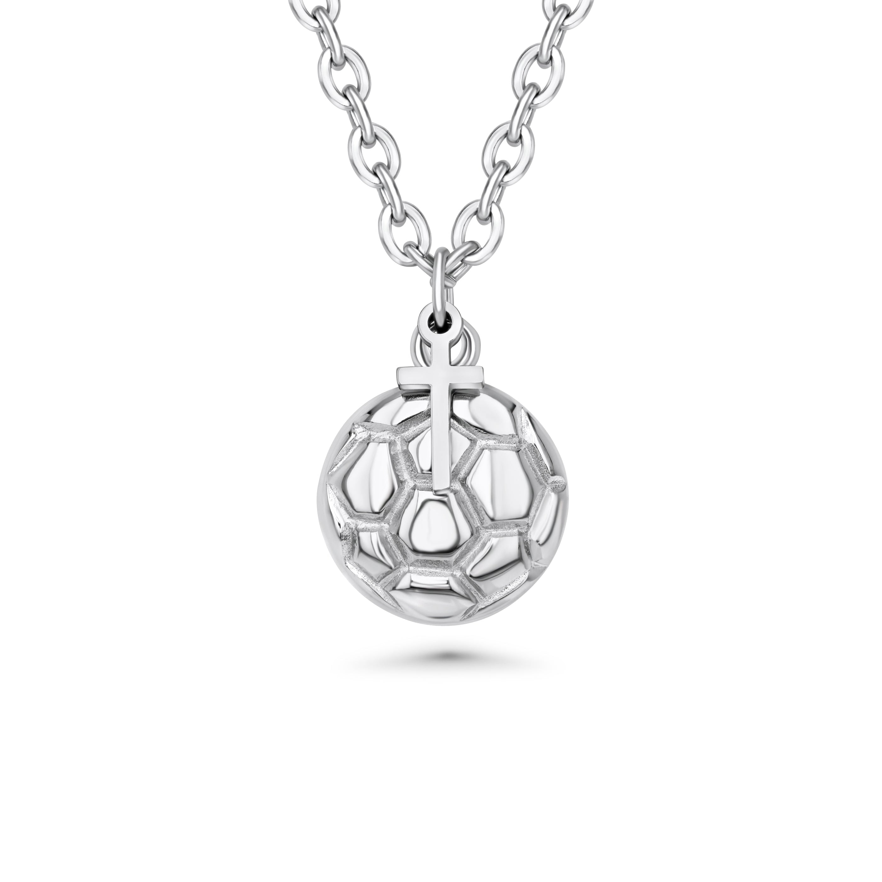 Silver necklace with a soccer pattern pendant on a white background