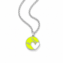 A silver chain necklace with a round pendant featuring a bright yellow softball design and a white heart cutout, shown on a plain white background.