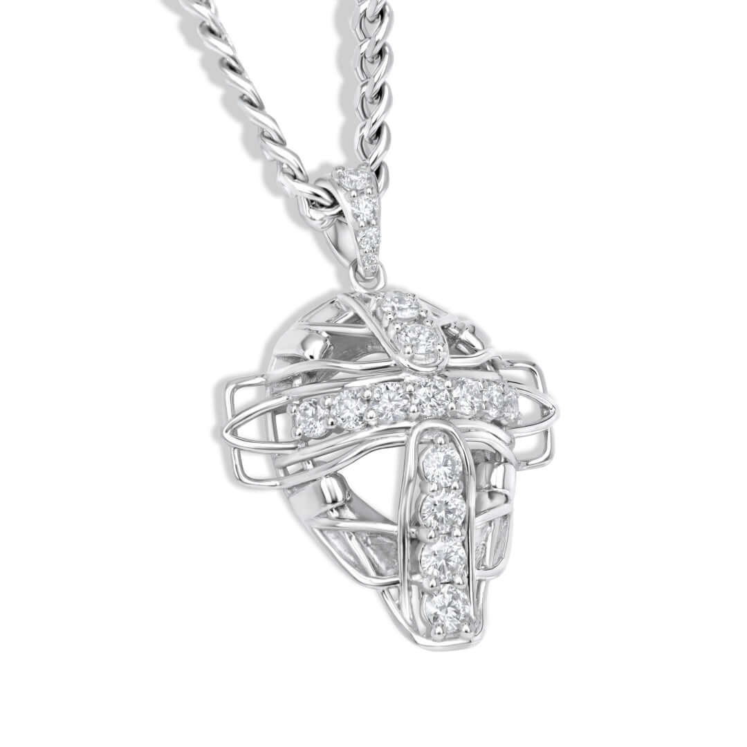 Iced Out Baseball Catchers Mask pendant in stainless steel with sparkling stones for a bold, stylish look on and off the field.