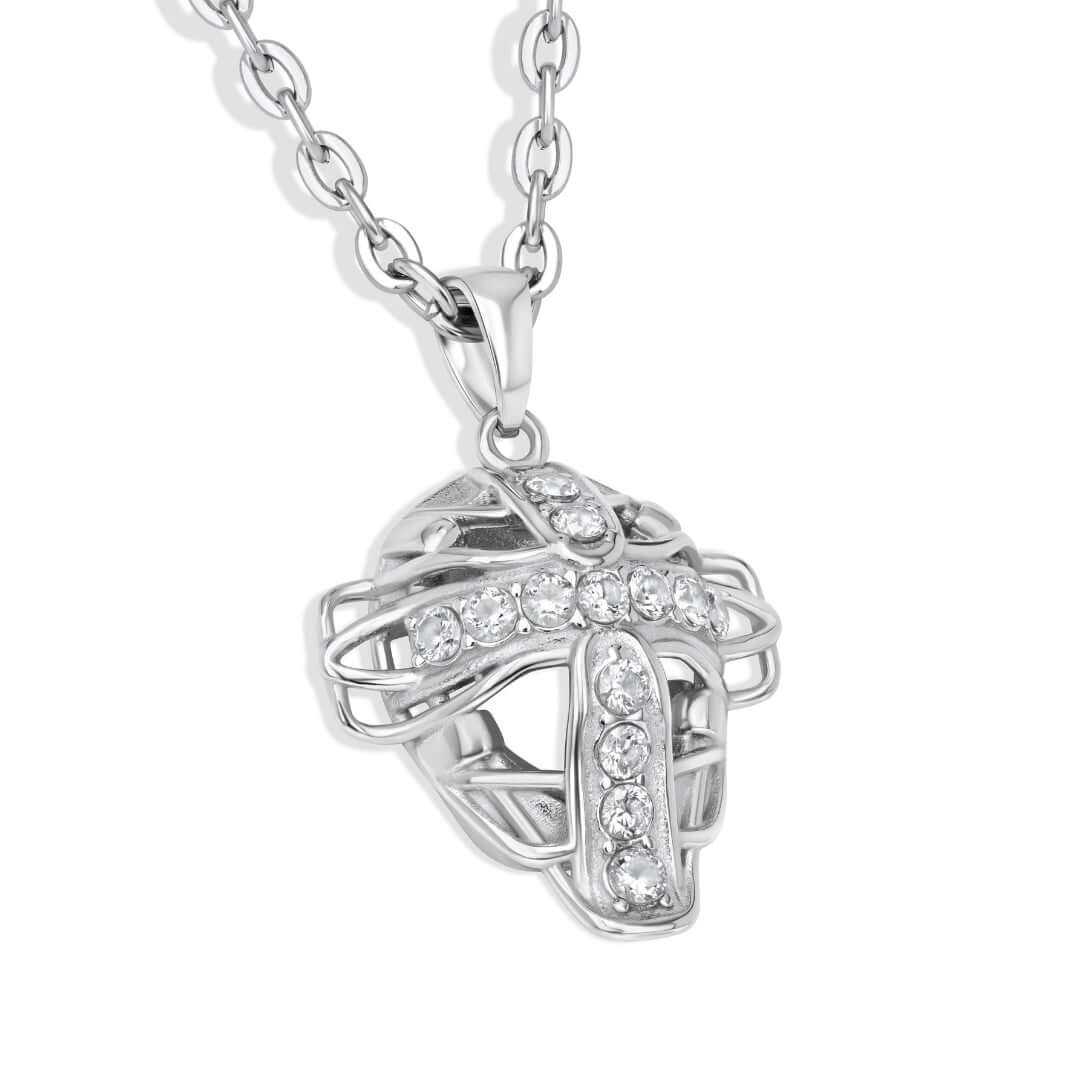 Iced Out Baseball Catchers Mask pendant in stainless steel or sterling silver with stones for a bold style.
