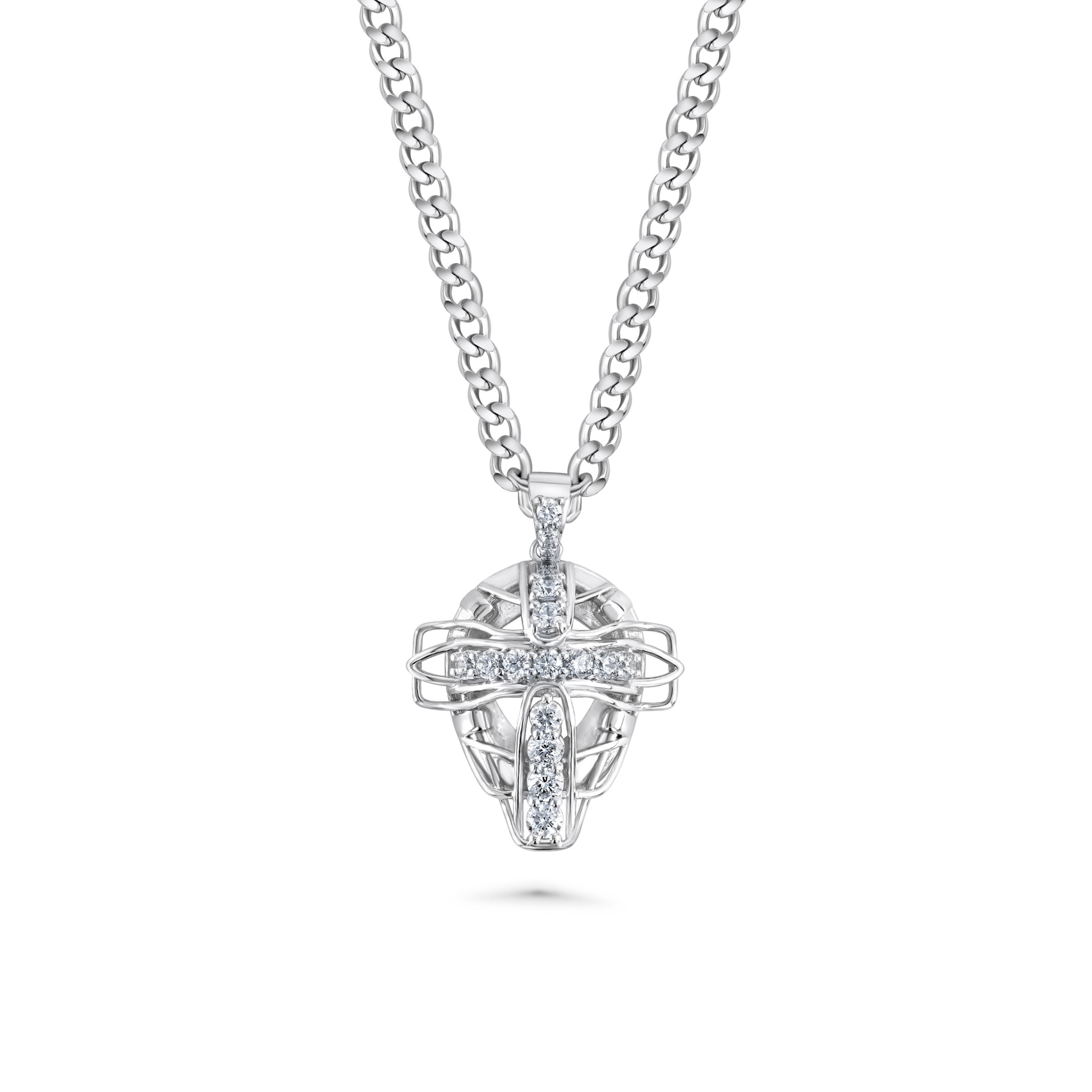 Silver baseball catcher mask with a CZ stones in the shape of a cross pendant on a white background