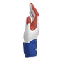 Jax Athletics Batting Gloves USA Pop | Strap Cuff - A single athletic glove shown from the side, featuring a white main body, red finger and palm accents, and a blue wrist cuff with a white logo.