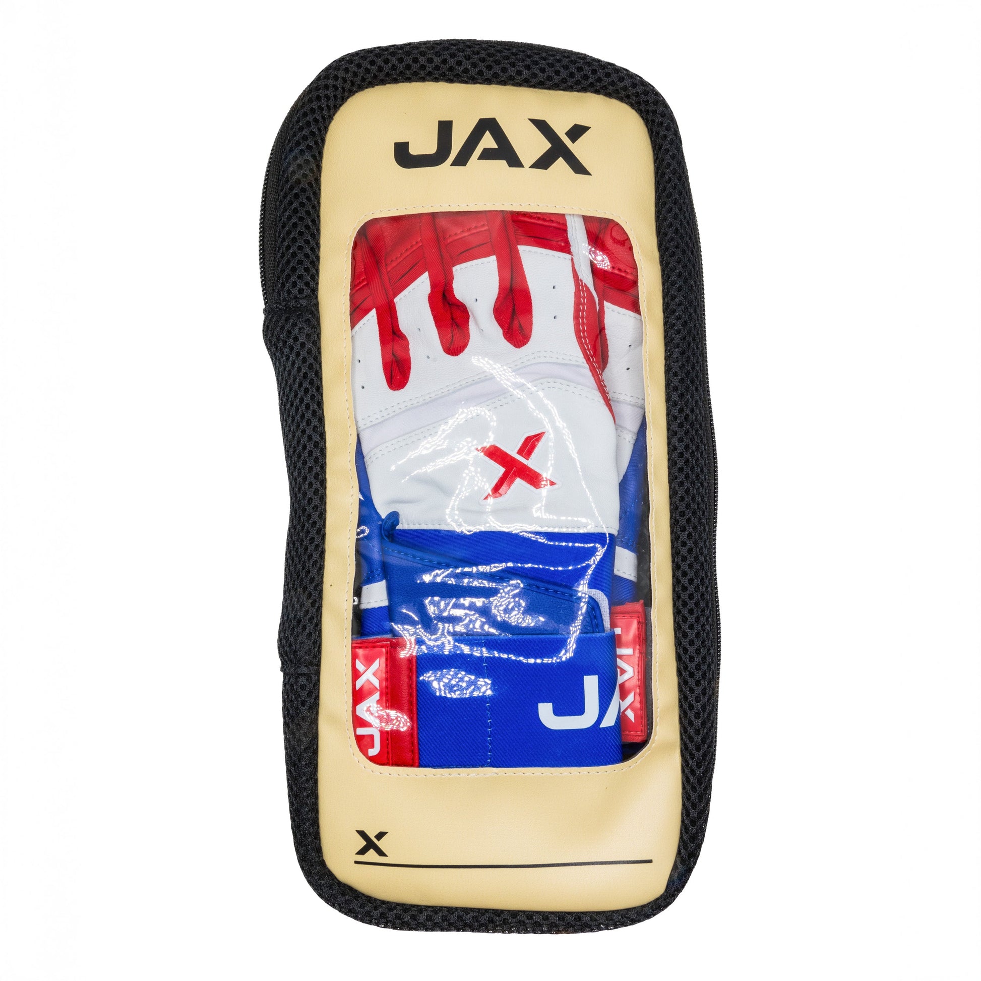 Jax Athletics Batting Gloves USA Pop | Strap Cuff - Baseball Batting Gloves with JAX branding on a white background inside custom bag