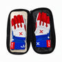 Jax Athletics Batting Gloves USA Pop | Strap Cuff - Red, white, and blue sports gloves in a black case with 'JAX' branding.