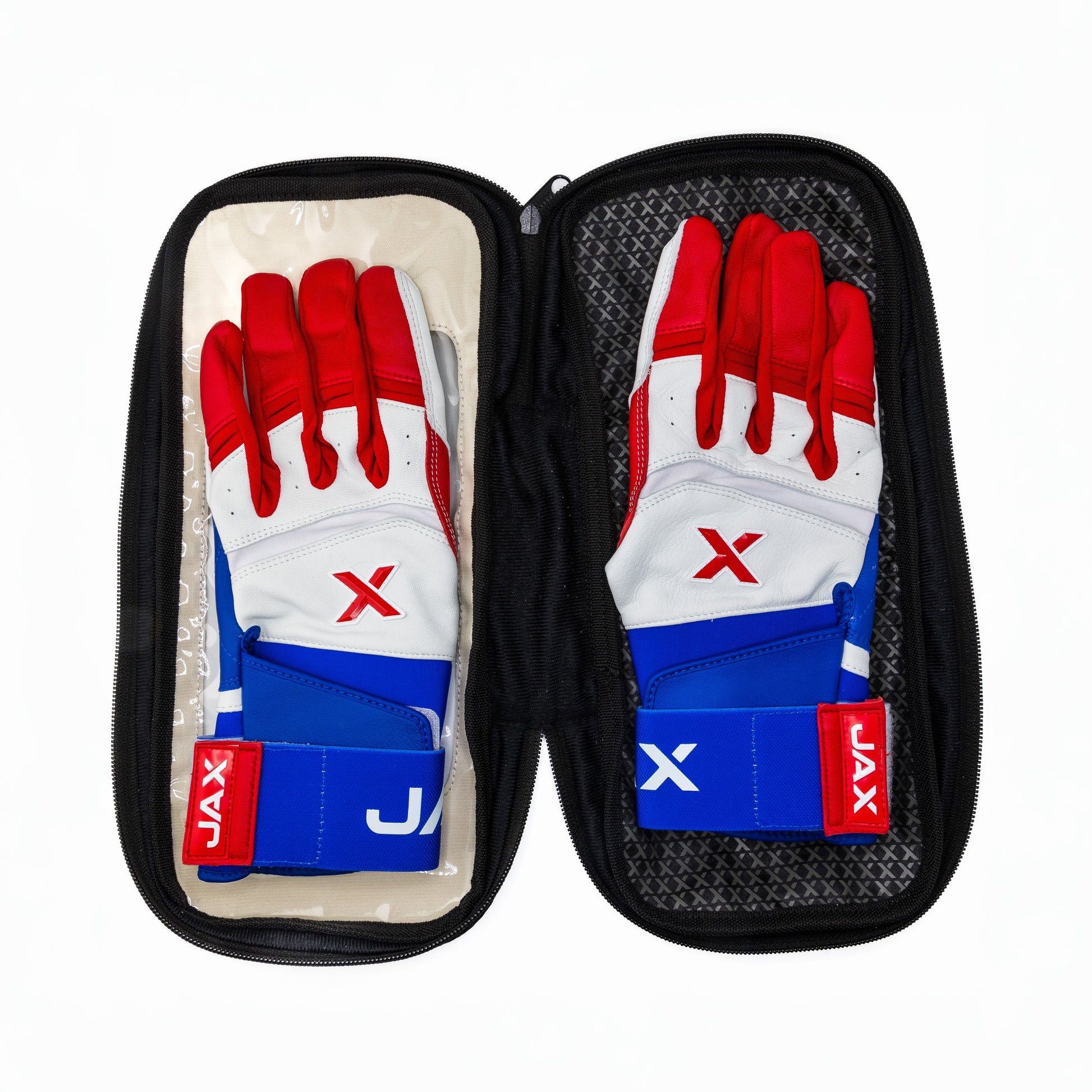 Jax Athletics Batting Gloves USA Pop | Strap Cuff - Red, white, and blue sports gloves in a black case with 'JAX' branding.