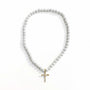 White Iced Out Baseball Bead Necklace With Gold FiveTool Baseball Bat Cross Pendant - AIF EXCLUSIVE