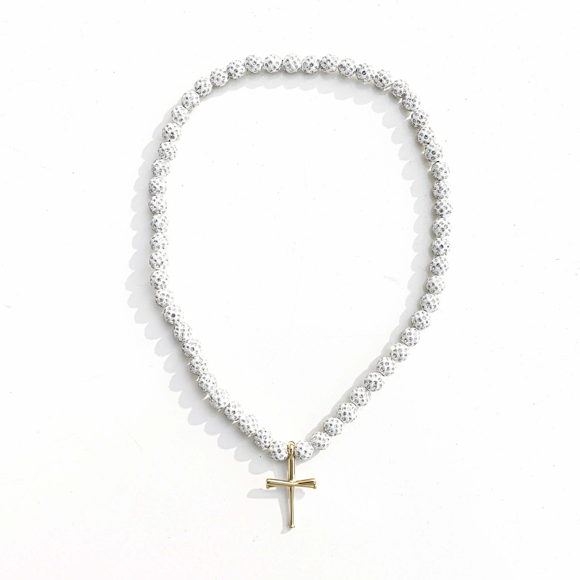 White Iced Out Baseball Bead Necklace With Gold FiveTool Baseball Bat Cross Pendant - AIF EXCLUSIVE