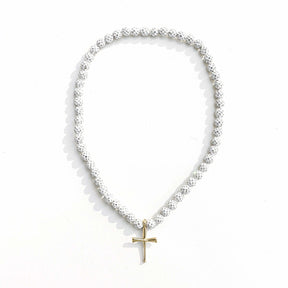 White Iced Out Baseball Bead Necklace With Gold FiveTool Baseball Bat Cross Pendant - AIF EXCLUSIVE