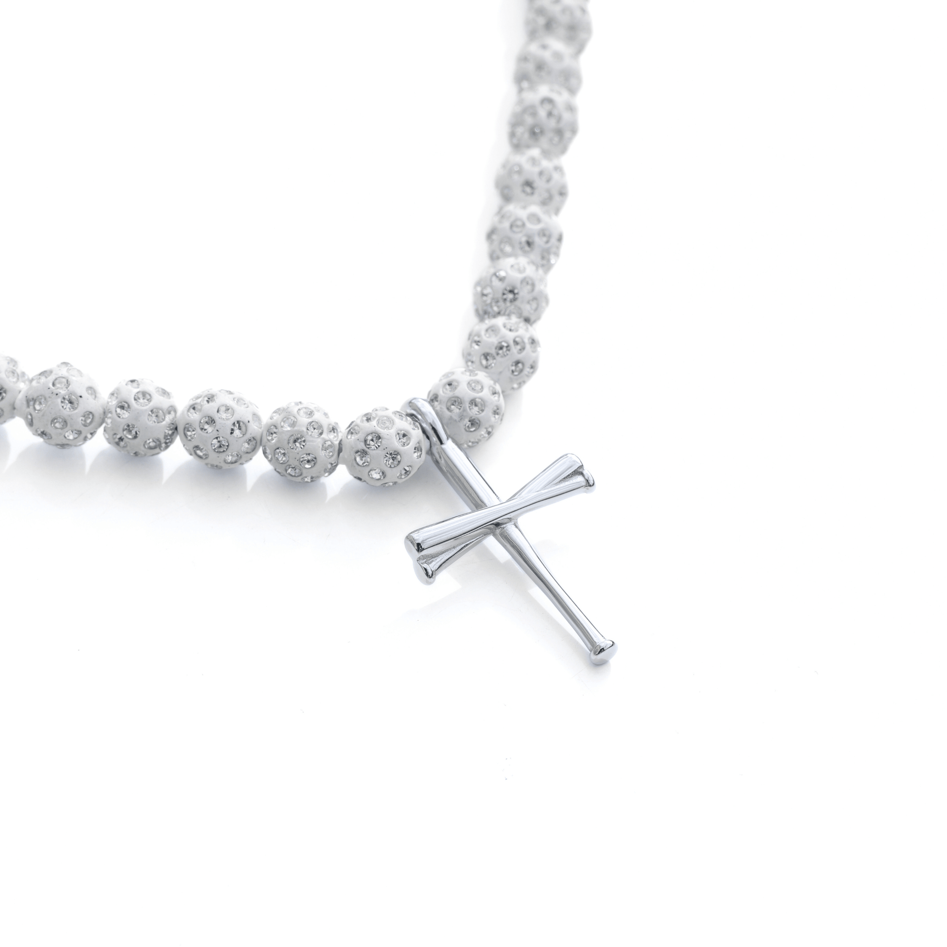 White Iced Out Baseball Bead Necklace With Silver FiveTool Baseball Bat Cross Pendant - AIF EXCLUSIVE