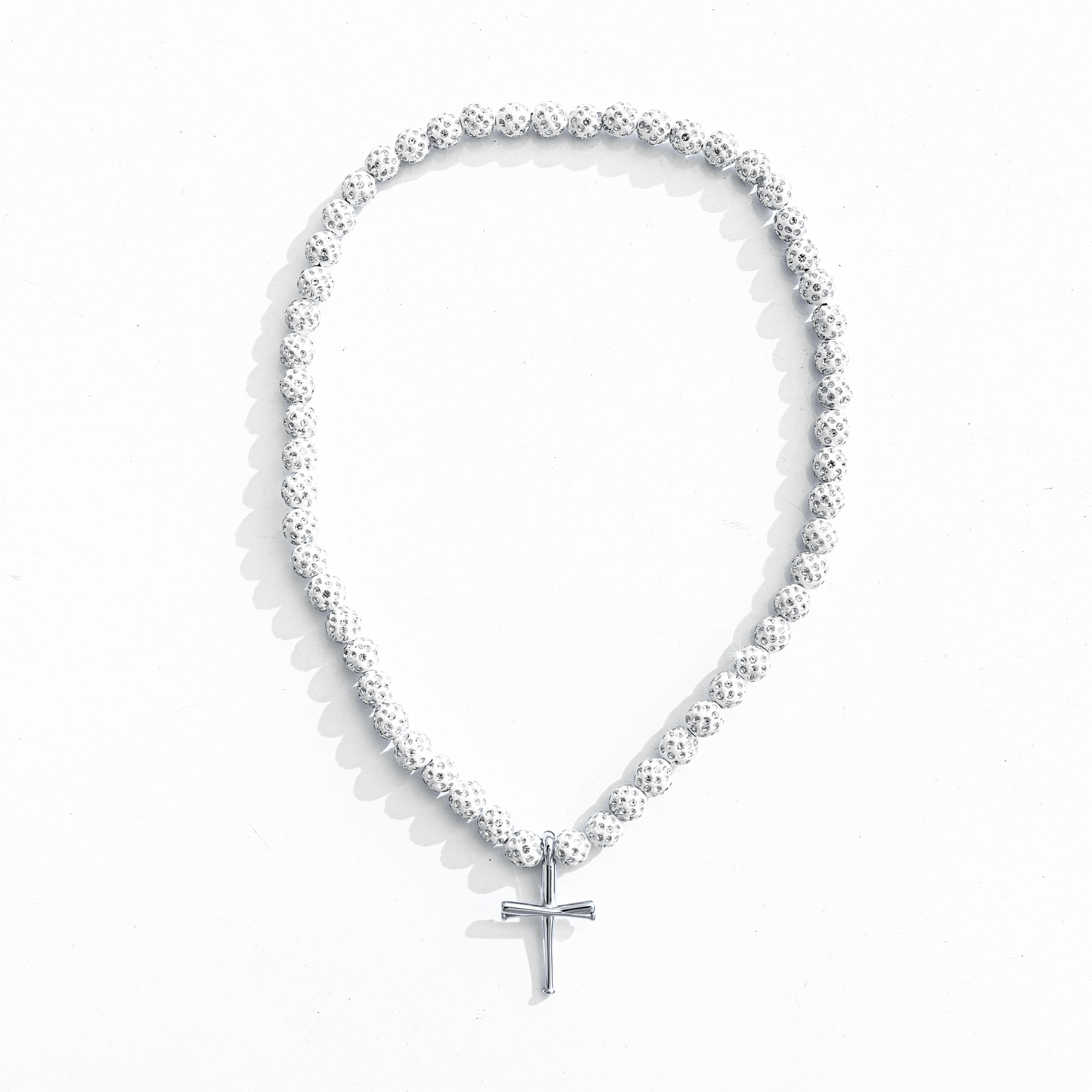 White Iced Out Baseball Bead Necklace With Silver FiveTool Baseball Bat Cross Pendant - AIF EXCLUSIVE