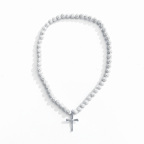 White Iced Out Baseball Bead Necklace With Silver FiveTool Baseball Bat Cross Pendant - AIF EXCLUSIVE