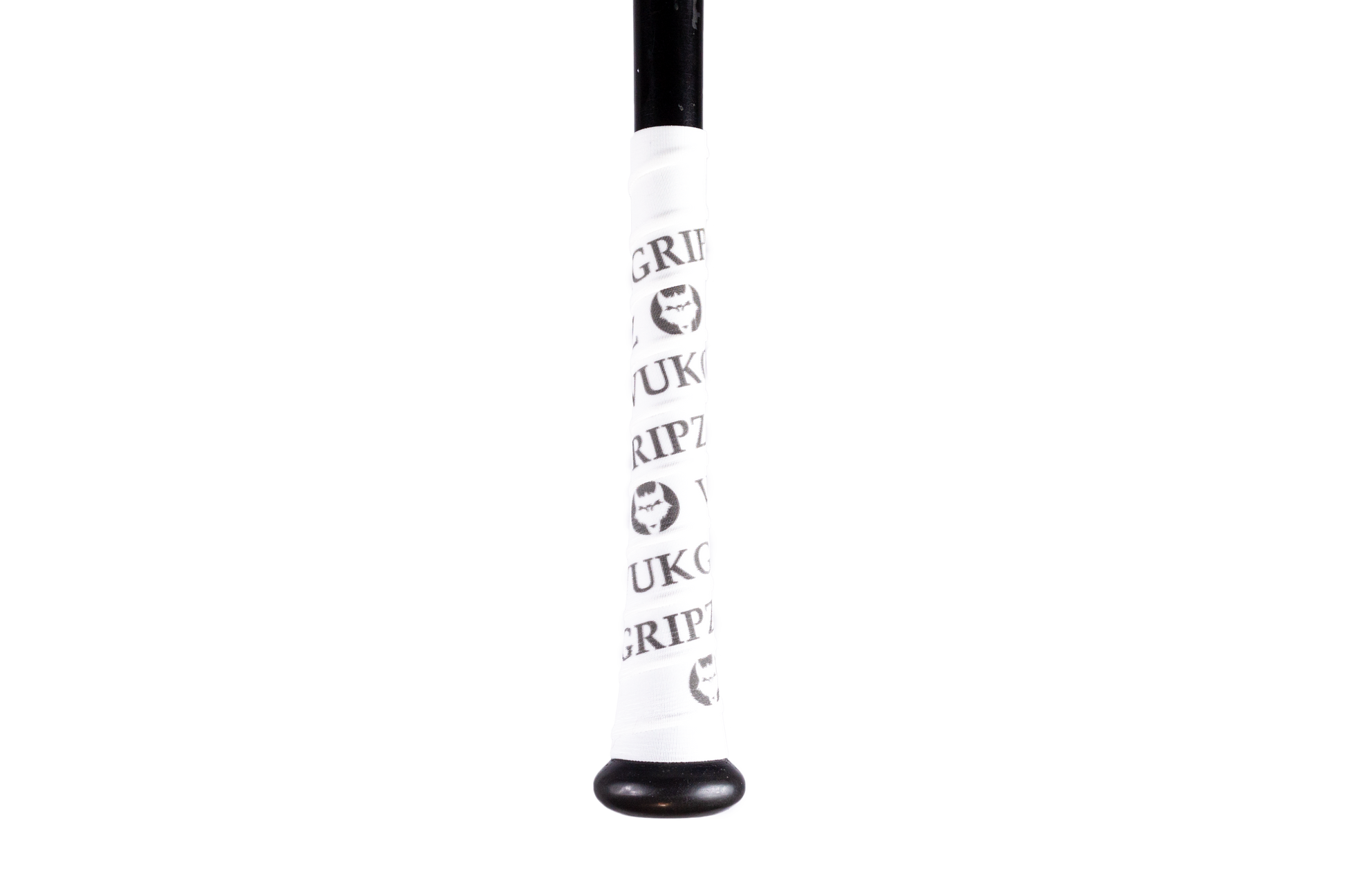 White Bat Grip Tape with Black on a baseball bat, showcasing its unique design and branding.