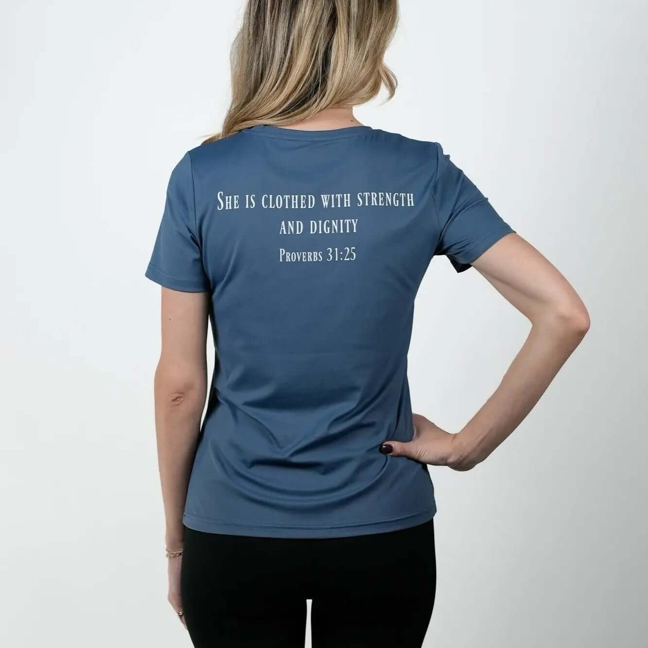 Women's Proverbs 31:25 Performance Tee royal blue