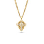 Yellow gold Stainless steel baseball catcher mask with a CZ stones in the shape of a cross pendant on a white background