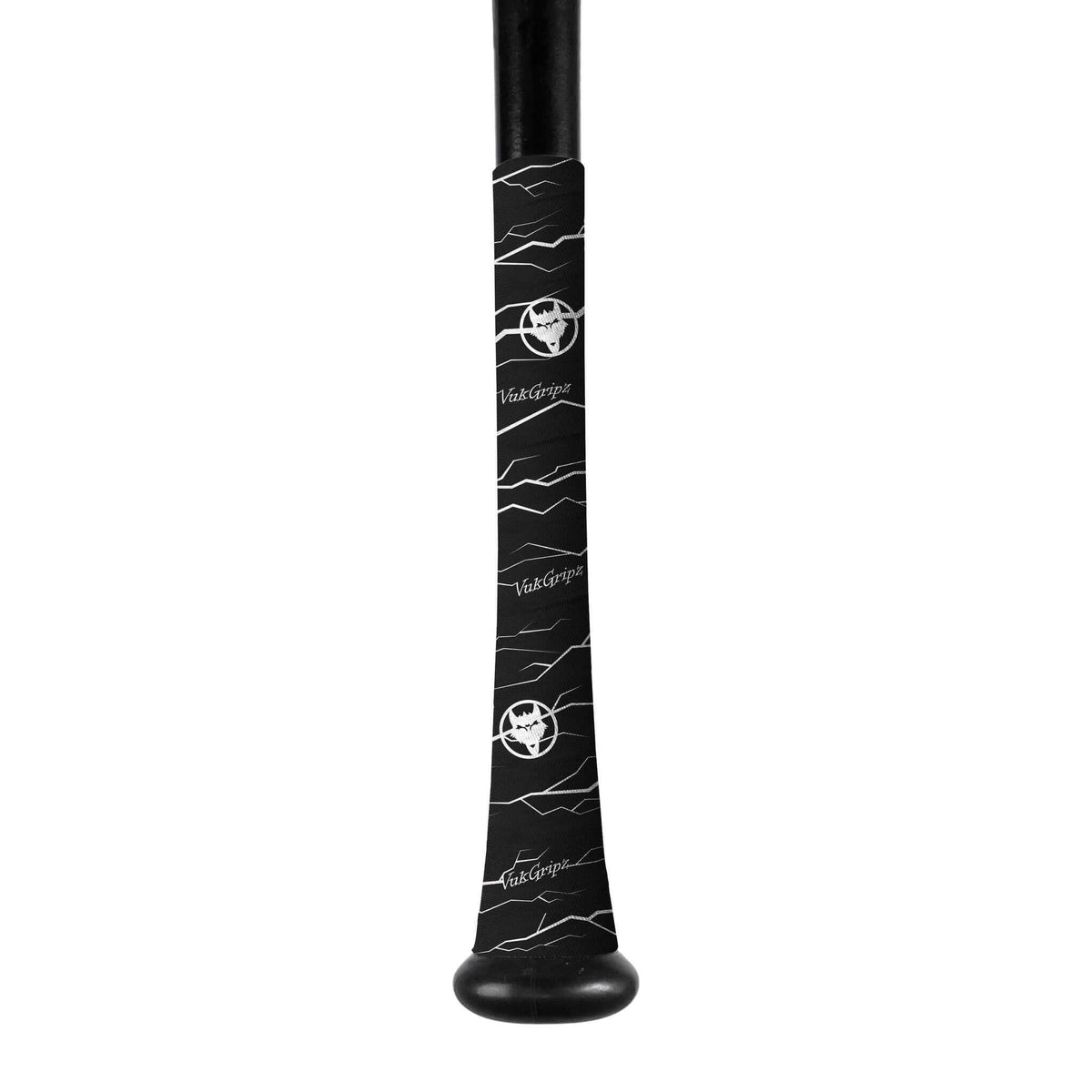 VukGripz Pulse black baseball and softball bat grip tape with white pattern wrapped on a bat