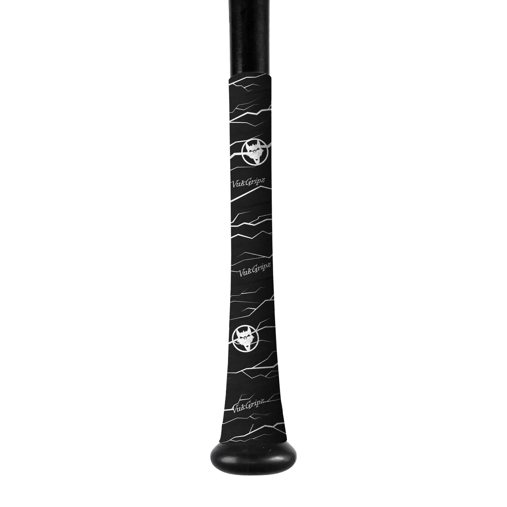 VukGripz Pulse black baseball and softball bat grip tape with white pattern wrapped on a bat