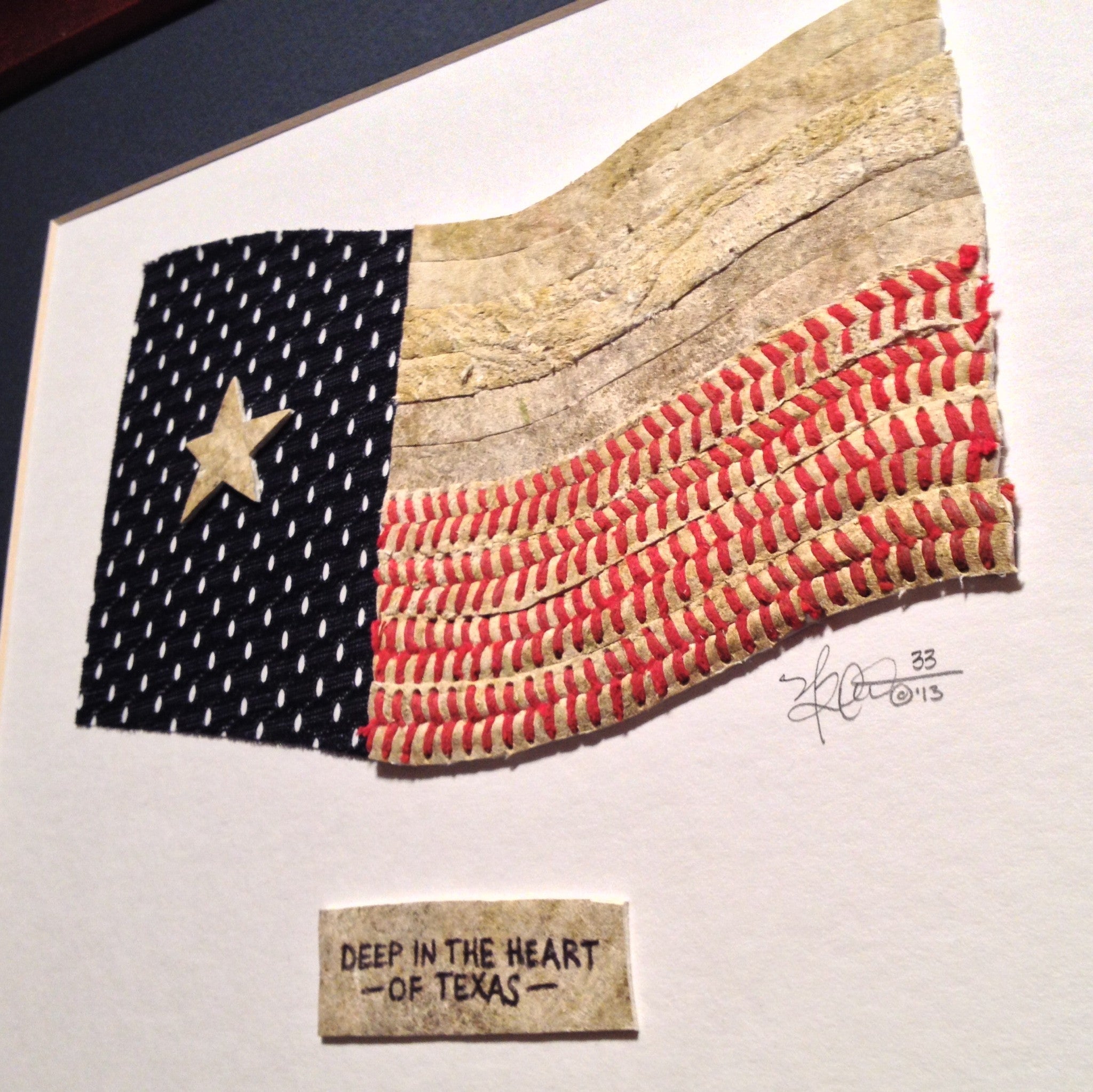 Texas State Flag Original Artwork featuring baseball seams and a navy jersey, titled Deep In The Heart Of Texas.
