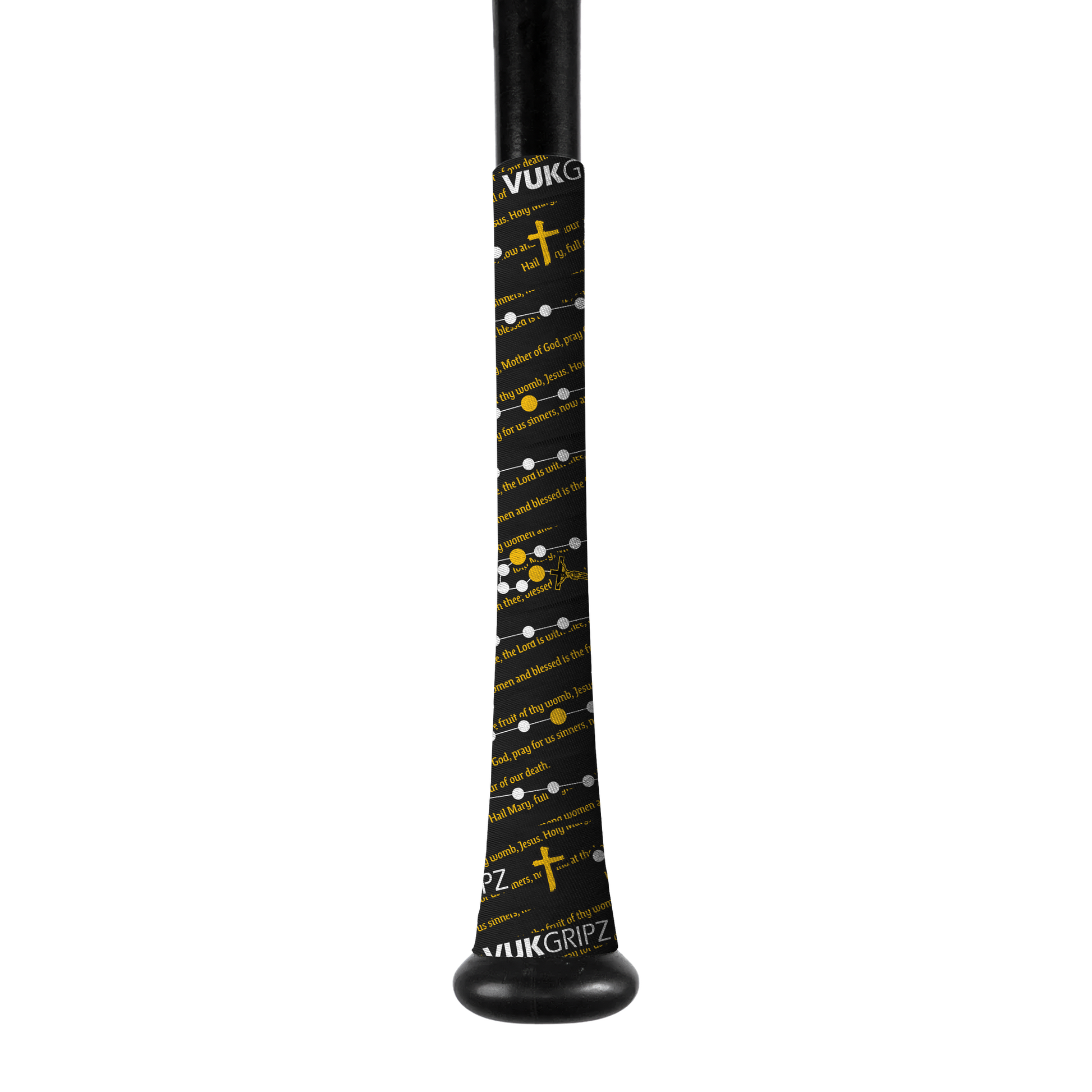Christian Faith Baseball Bat Grip Tape | VukGripz on a black bat, featuring inspiring designs and durable grip.