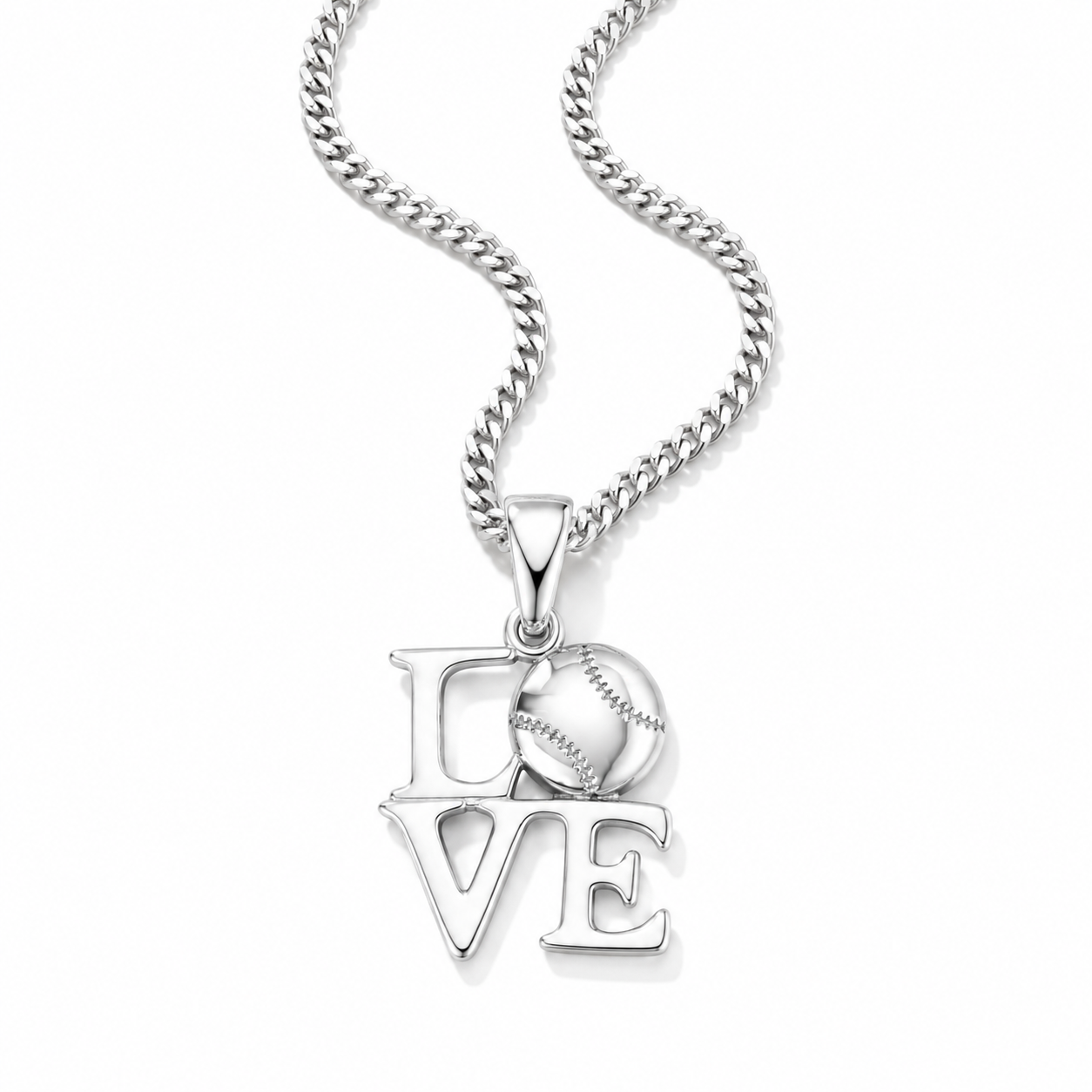 A silver necklace featuring a 'LOVE' pendant where the letter 'O' is replaced by a baseball, suspended from a silver curb chain against a white background.