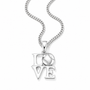 A silver necklace featuring a 'LOVE' pendant where the letter 'O' is replaced by a baseball, suspended from a silver curb chain against a white background.
