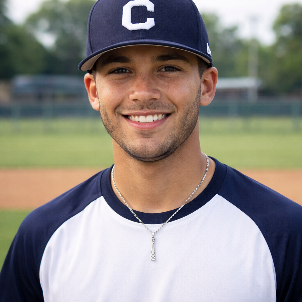 Baseball player wearing an All in Faith baseball bat drop necklace 