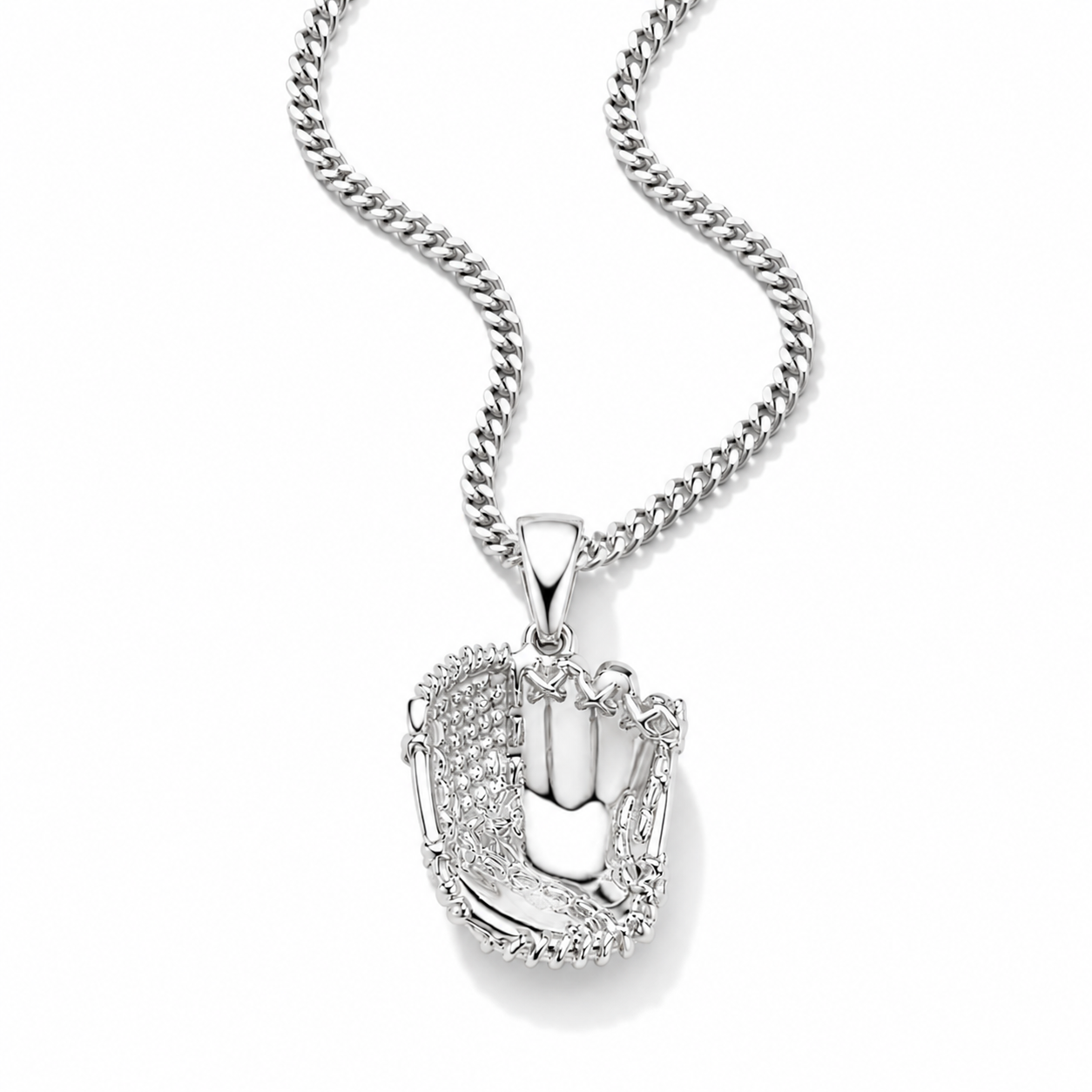 A silver-toned baseball glove pendant necklace on a matching curb chain, set against a clean white background.