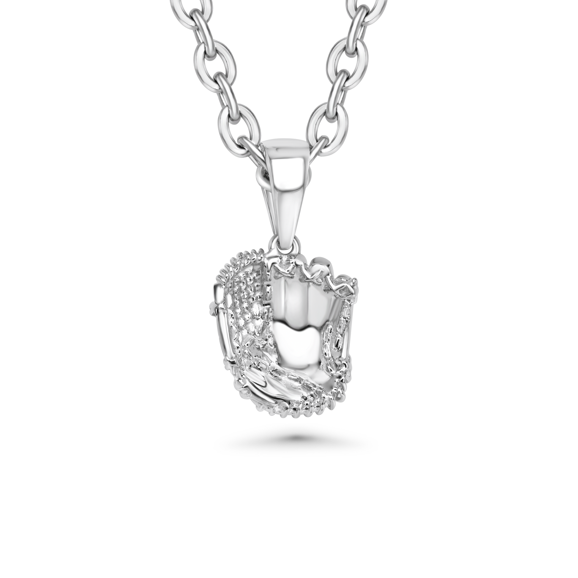 Silver necklace with a baseball glove pendant on a white background