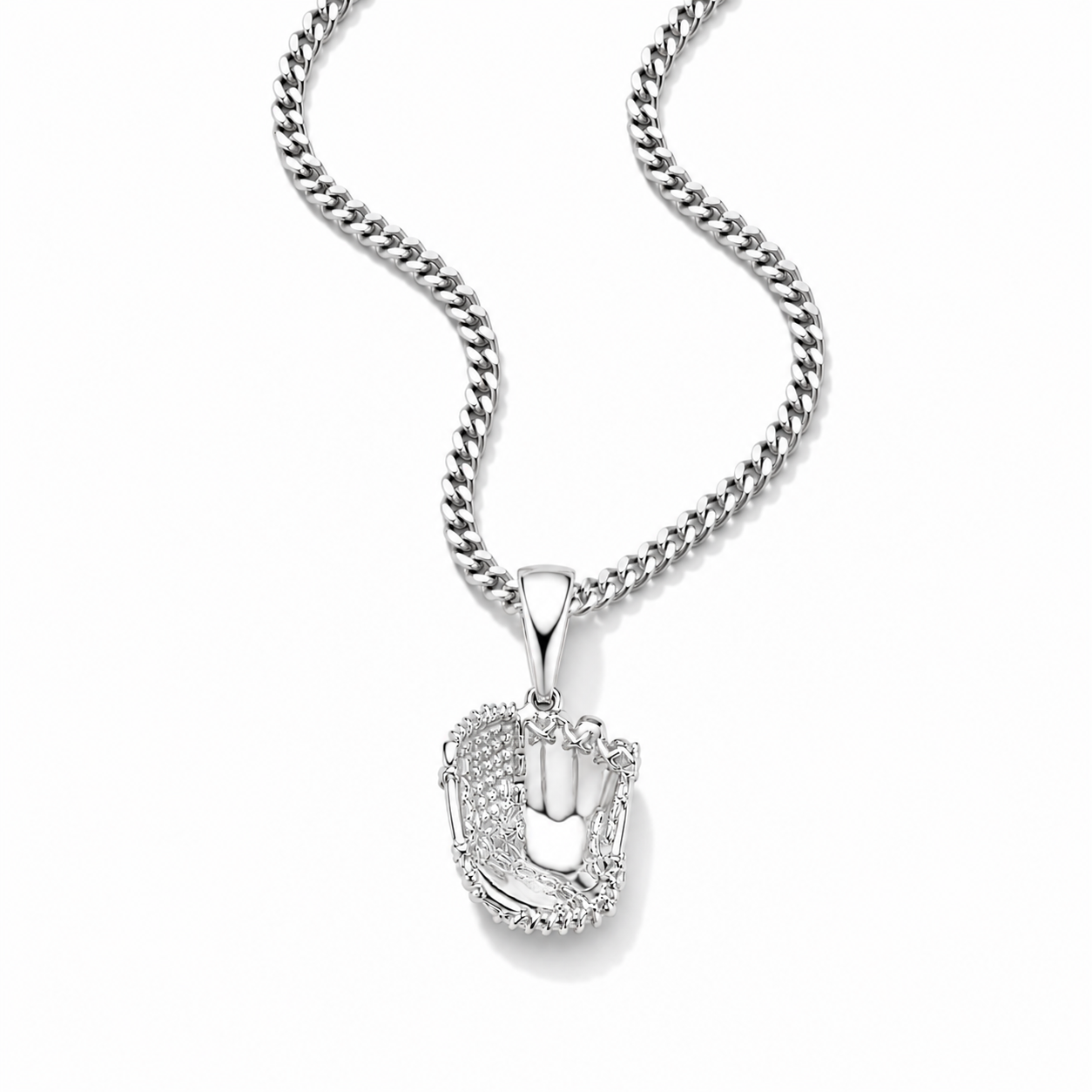 A silver-toned baseball glove pendant necklace on a matching curb chain, set against a plain white background.