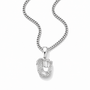 A silver-toned baseball glove pendant necklace on a matching curb chain, set against a plain white background.